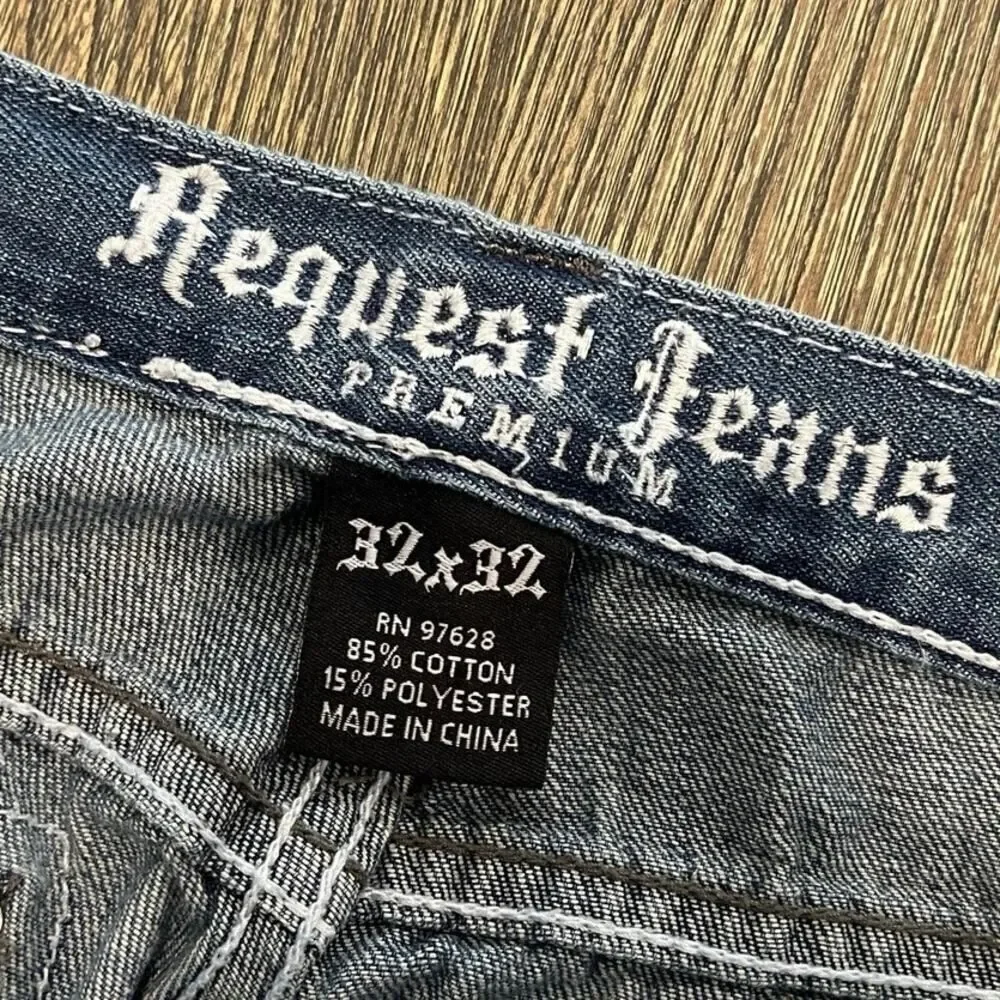 Request Jeans Straight Leg Mid Rise Distressed Denim Medium Wash Blue Size 32x32